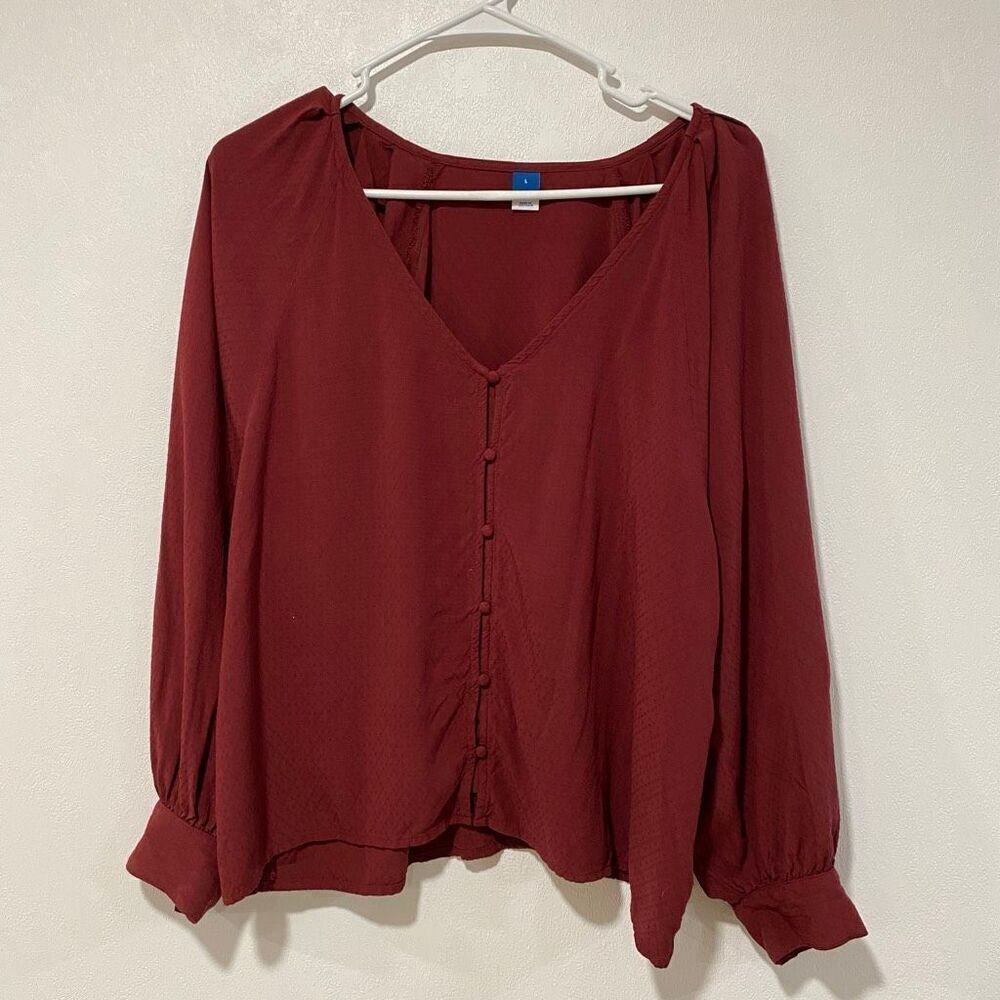 Old Navy Women’s Large Burgundy Button Front Blouse Long Sleeve V-Neck